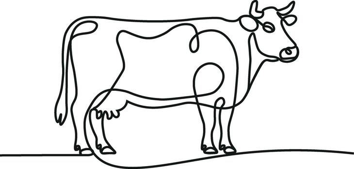 Cows on pasture in One continuous line drawing. Milk calf animal grazing symbol and beef meat farm concept in simple linear style. Editable stroke. Doodle illustration. vector