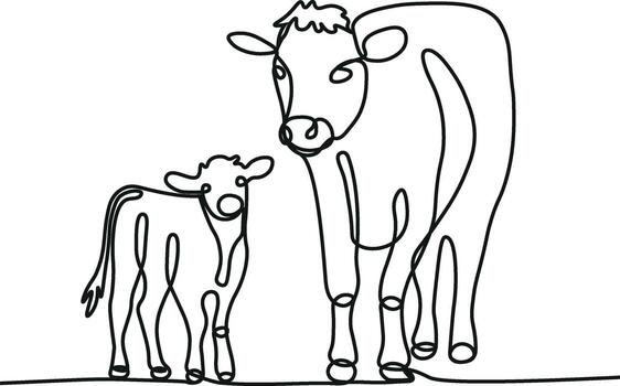 un minimalista uno línea dibujo de un madre vaca mirando a su becerro, el becerro en pie junto a el vaca, continuo línea Arte estilo, negro líneas en blanco fondo, sencillo y elegante diseño vector