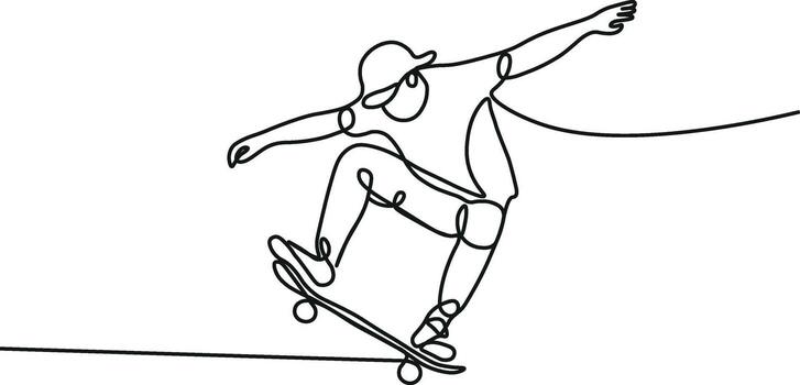 One single line drawing of young skateboarder man exercise riding skateboard, Man playing skateboard continuous one line drawing. Skateboard player single line design vector