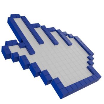 3d pixelizada mão cursor ícone fez do azul cubos. digital ponteiro símbolo dentro quadra estilo, representando navegação, Internet png