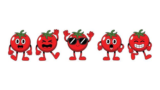 Five Animated Tomatoes in Retro Style with Different Expressions and Poses on White Background fruit vector