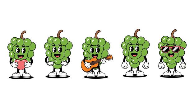 Five cartoon green grape characters in retro style with different poses and accessories on a white background vector