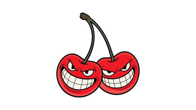 Two menacing cartoon cherries with sharp teeth and evil grins on a white background fruit character vector