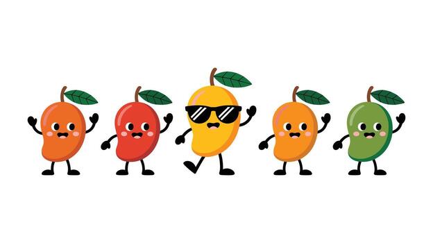 Five cartoon mango characters with different colors and expressions on a white background fruit cute vector