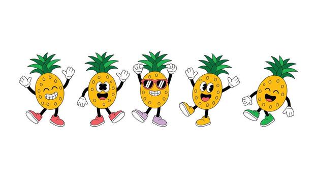 Five retro cartoon pineapple characters with different expressions and shoes on a white background fruit vector