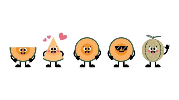A Group of Anthropomorphic Cantaloupe Melon Characters with Different Expressions and Poses Keywords cantaloupe, melon, fruit, character, cute, kawaii, anthropomorphic, happy, smiling, sunglasses vector