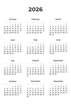 2026 full Year Calendar vertical grid layout. Printable calendar template for business. Sundays marked in red for weekend planning. Week Starts on MONDAY. White background. Ready to print. . vector