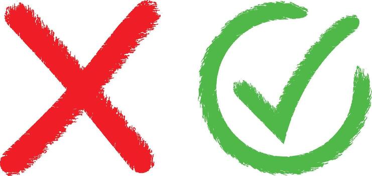 Hand drawn check mark and cross icons set, sketch brush tick and x symbols, yes no buttons vector