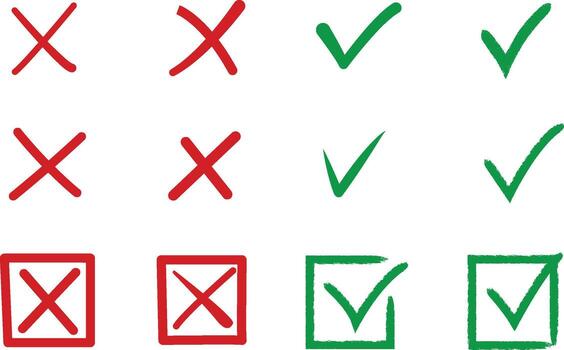 Hand drawn check mark and cross icons set doodle checkbox tick x wrong right circle brush marker sketch checklist symbol illustration. vector