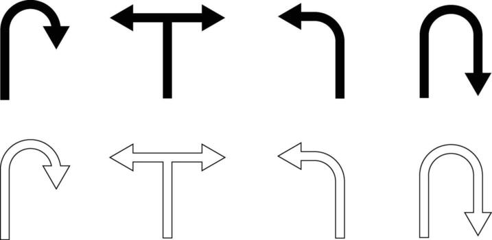 la carretera tráfico dirección flechas conjunto tu doblar, izquierda, bien, dos camino y Tres camino transporte flecha símbolos aislado. vector