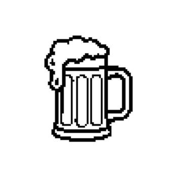 píxel Arte representación de un cerveza jarra con desbordante espuma en negro y blanco contorno vector