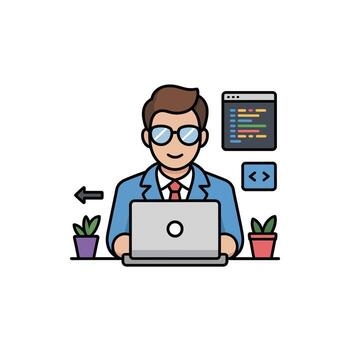 Software developer coding on laptop with plants for focus and creative energy art vector