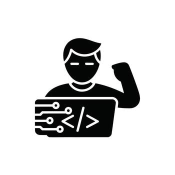 Confident software developer icon with laptop and code symbols for IT industry representation vector