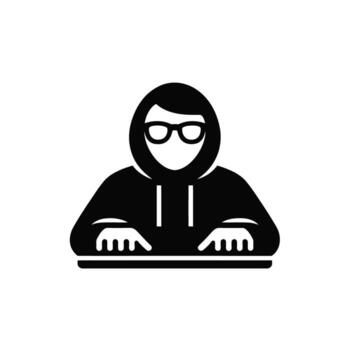 anónimo hacker en un capucha con lentes mecanografía en un teclado concepto diseño vector