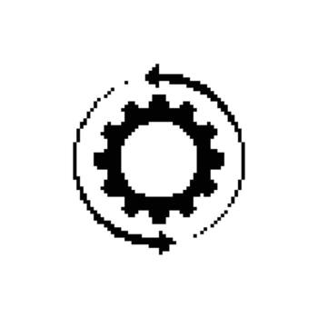 Pixelated gear with circular arrows representing process automation and continuous integration delivery vector