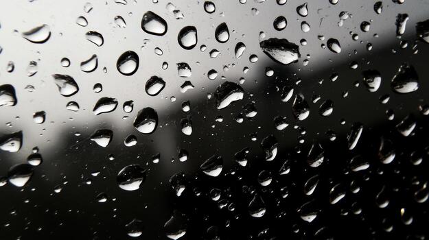Closeup macro shot of water droplets on a dark, reflective surface, creating a textured abstract pattern photo