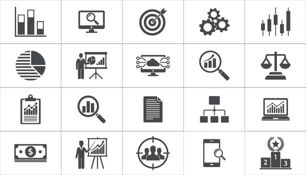 conjunto de negocio analítica silueta iconos gráficos, gráficos, objetivos, estrategia, presentaciones vector