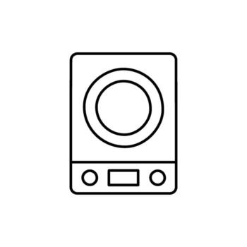 A minimalist line art illustration of a digital kitchen scale with a circular weighing platform and control buttons on a white background vector