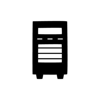 A minimalist illustration of a computer server tower with a clear screen and horizontal lines representing connectivity vector