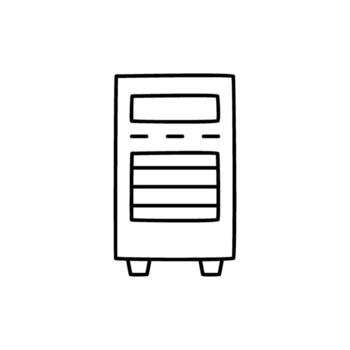 dibujado a mano ilustración de un escritorio computadora torre con un monitor pantalla y respiraderos, aislado en un blanco fondo, sencillo línea Arte estilo vector