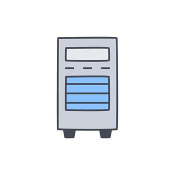 ilustración de un escritorio computadora torre con un monitor pantalla y ventilación tragamonedas, adecuado para tecnología y oficina temas vector