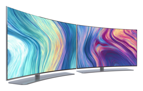 två modern böjd dator monitorer visning vibrerande abstrakt Vinka mönster, isolerat på transparent bakgrund png