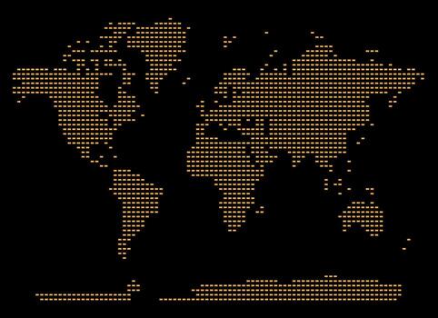 World map in rectangular horizontal pixel shape. Planet Earth as a rectangular horizontal shape word map for global travel and geography topics on black background vector