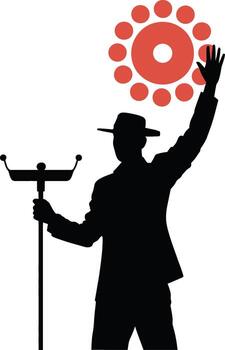Man in hat holding rake and reaching towards circular sunlike object silhouette vector