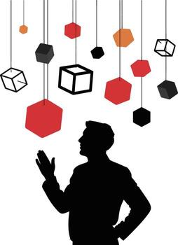 Man in silhouette reaching up towards dangling geometric shapes silhouette vector