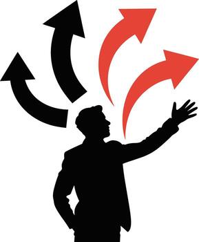 Man in silhouette faces multiple arrows representing choices and opportunities silhouette vector