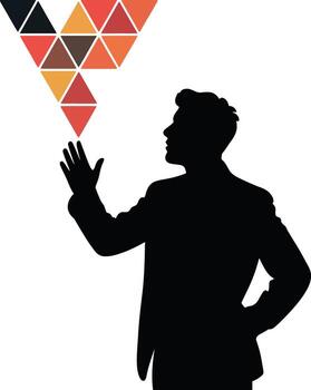 hombre en traje silueta interactuando con un vistoso resumen geométrico triángulo diseño vector