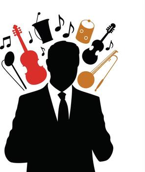 Man in suit silhouette with musical instruments and notes floating above silhouette vector