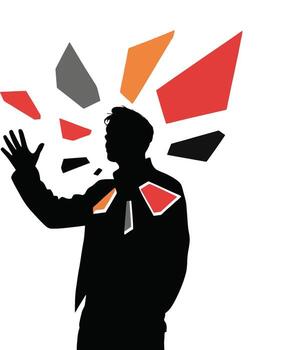 Man s silhouette reaching upward with abstract colorful shapes exploding silhouette vector