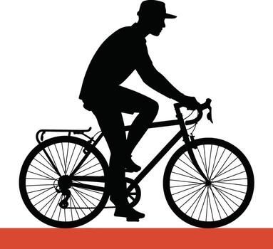 Man in hat riding bicycle with rack in distinctive silhouette style vector