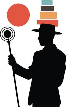 Man in hat holding staff with stacked objects on head silhouette vector
