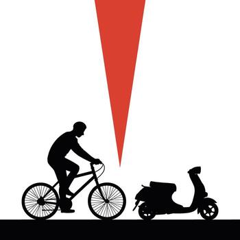 Man riding bicycle next to parked scooter under a large red triangle silhouette vector