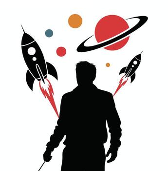 Man juggling planets and rockets in a cosmic silhouette display vector
