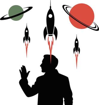 Man in silhouette gesturing towards rockets and planets in a conceptual space design silhouette vector