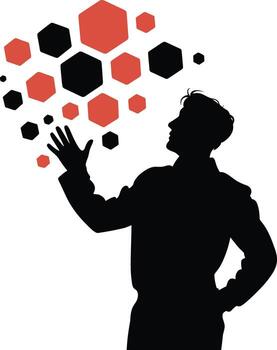 Man in silhouette reaching towards a cluster of colorful hexagons silhouette vector
