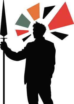 Man holding spear upwards with colorful abstract geometric shapes bursting silhouette vector