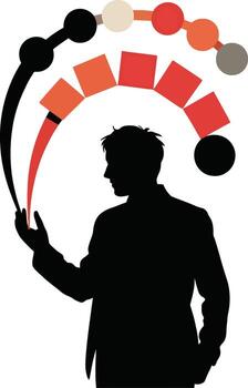 Man in silhouette juggling abstract colorful shapes representing data and progress vector