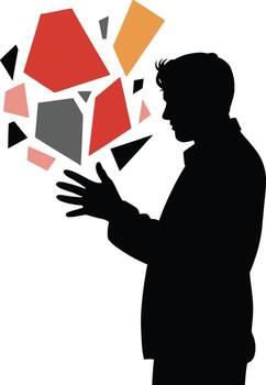 Man in silhouette reaching towards abstract geometric shapes silhouette vector