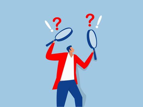 Businessman holding magnifying glass observe data with question mark.Finding solution in business concept. Search for solution or new business opportunity, illustration vector