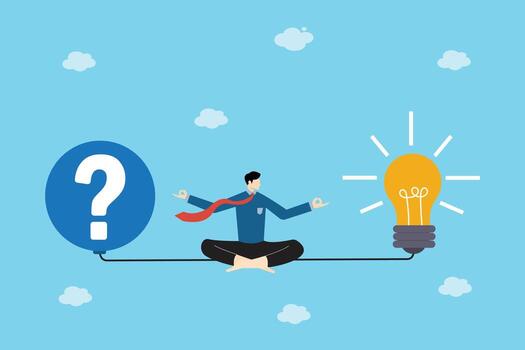 Businessman Meditating Between Question and Light Bulb Problem Solving, Innovation, and Creative Thinking Concept vector
