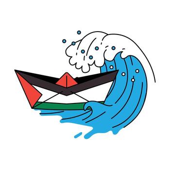 A paper boat, colored with the Palestinian flag, is shown navigating a dynamic blue ocean wave, symbolizing resilience and journey. Palestinian Paper Boat Retro Vintage. vector