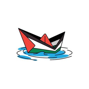 A paper boat, colored with the Palestinian flag, floats on a small puddle of water with ripples, presented in a simple, illustrative style. Palestinian Paper Boat Retro Vintage. vector