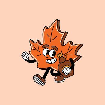 dibujos animados arce hoja personaje con un hacha y árbol tocón. vector