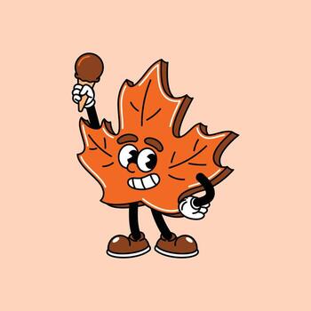 Retro Cartoon Maple Leaf Character Waving and Smiling. vector