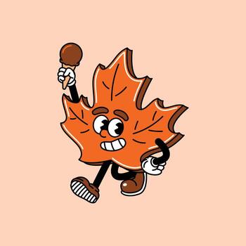 A cheerful, retro-style cartoon maple leaf character with big eyes and a smile, holding an ice cream cone and walking with enthusiasm. Maple leaf retro vintage mascot. vector