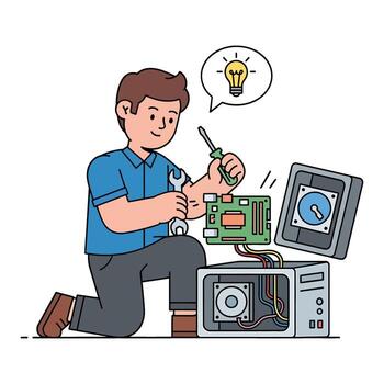 Skilled IT technician fixing a desktop computer, demonstrating expertise in hardware repair and problem-solving with a bright idea for system maintenance and upgrade solutions vector
